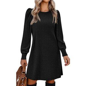 Women's Knit Dress with Puff Sleeves Black